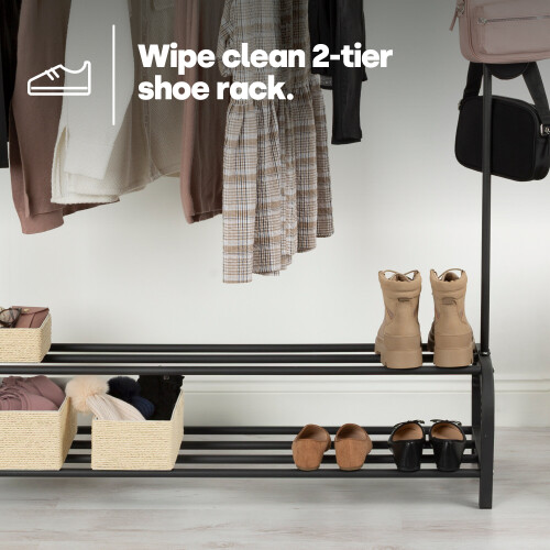 LIVIVO (BLACK ) Freestanding Clothes Rail with Shoe Rack & Hooks 2