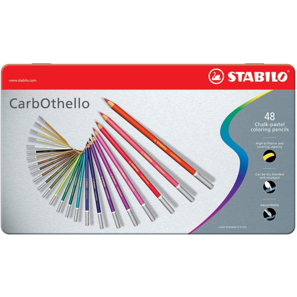 Premium Colouring Pencil - STABILO CarbOthello Pastel Pencil Tin of 48 Assorted Colours including Sharpener, Kneaded Eraser & Blending Stump