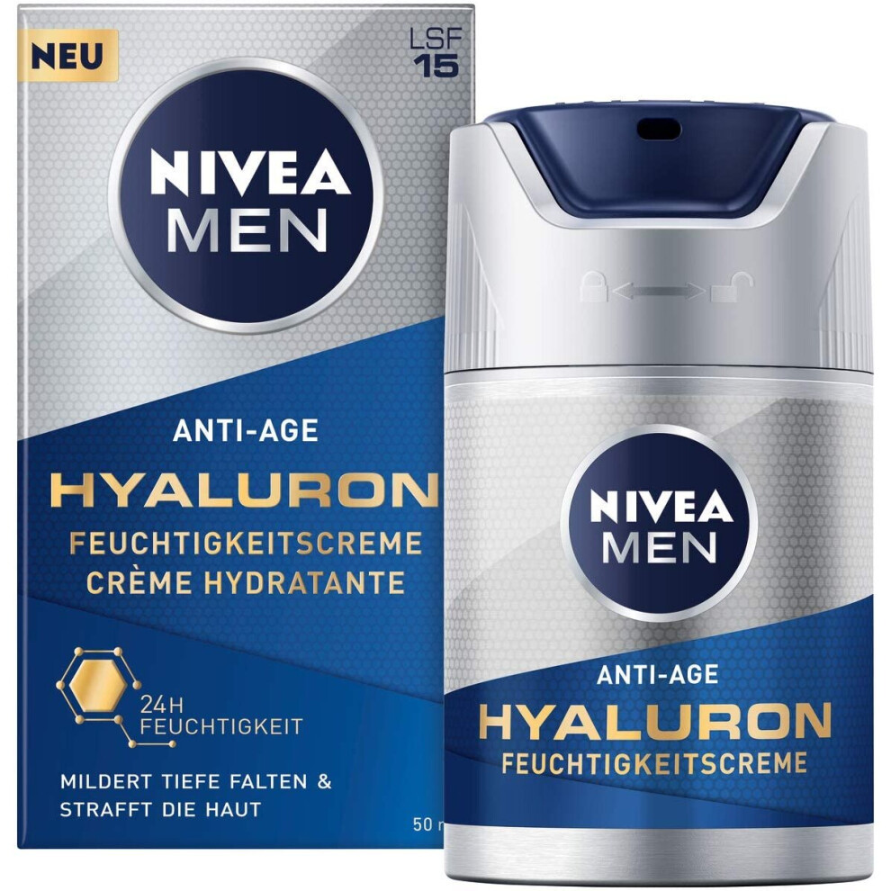 Nivea Men Anti-Age Hyaluronic Moisturising Cream (50 ml), Face Cream with SPF 15, Smooths Even Deep Wrinkles, Fast Absorbing Face Care Cream with