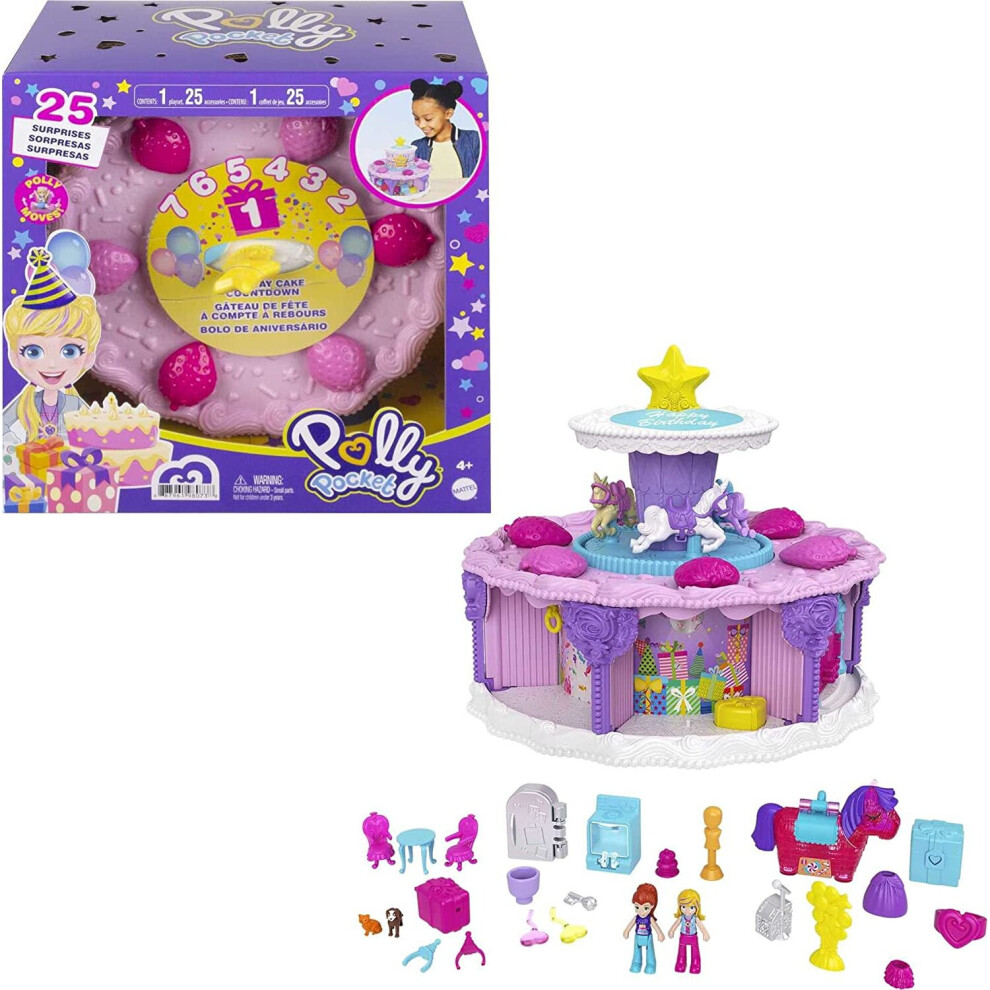 âPolly Pocket Birthday Cake Countdown for Birthday Week, Birthday Cake Shape & Package, 7 Play Areas, 25 Surprises