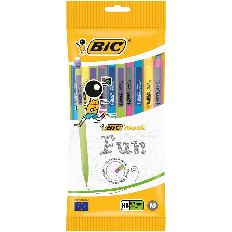 BIC Matic Fun 0.7mm Mechanical Pencils - Assorted Colours, Pouch of 10