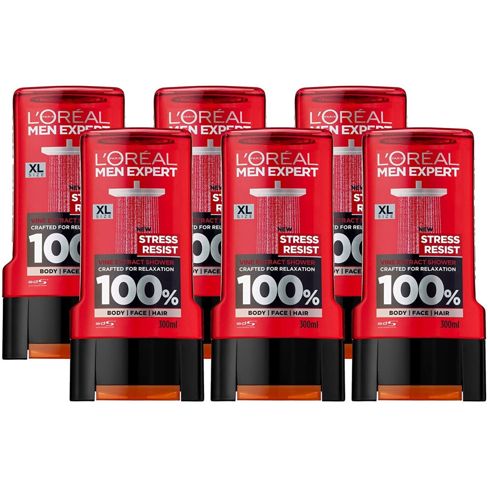 L'Oréal Men Expert Stress Resist Shower Gel for Men, 300 ml, Pack of 6, Bulk Buy