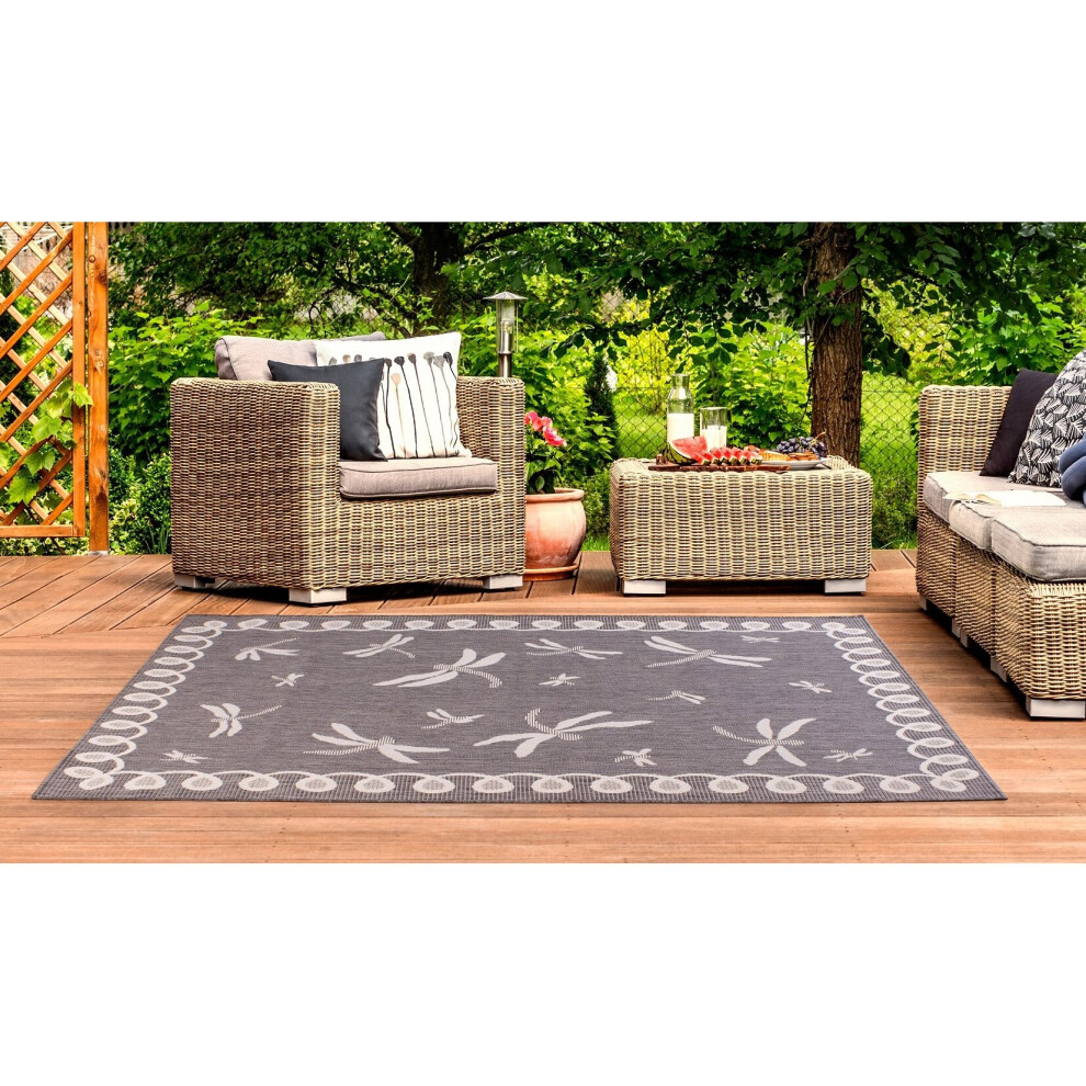 (SILVER/GREY, 200x290cm (6'7''x9'6'')) Terrace Dragonfly Outdoor Rug in Trendy Colours