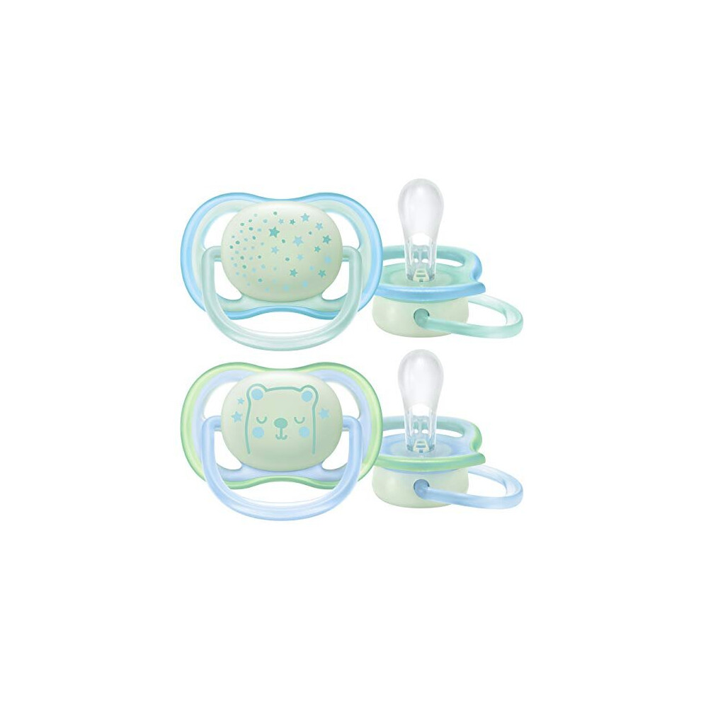 Philips Avent Soothers, 0-6m Ultra Air Night Soother with Glow-in-the-Dark Button, Star/Bear Design, Green/Blue (Pack of 2) - SCF376/11