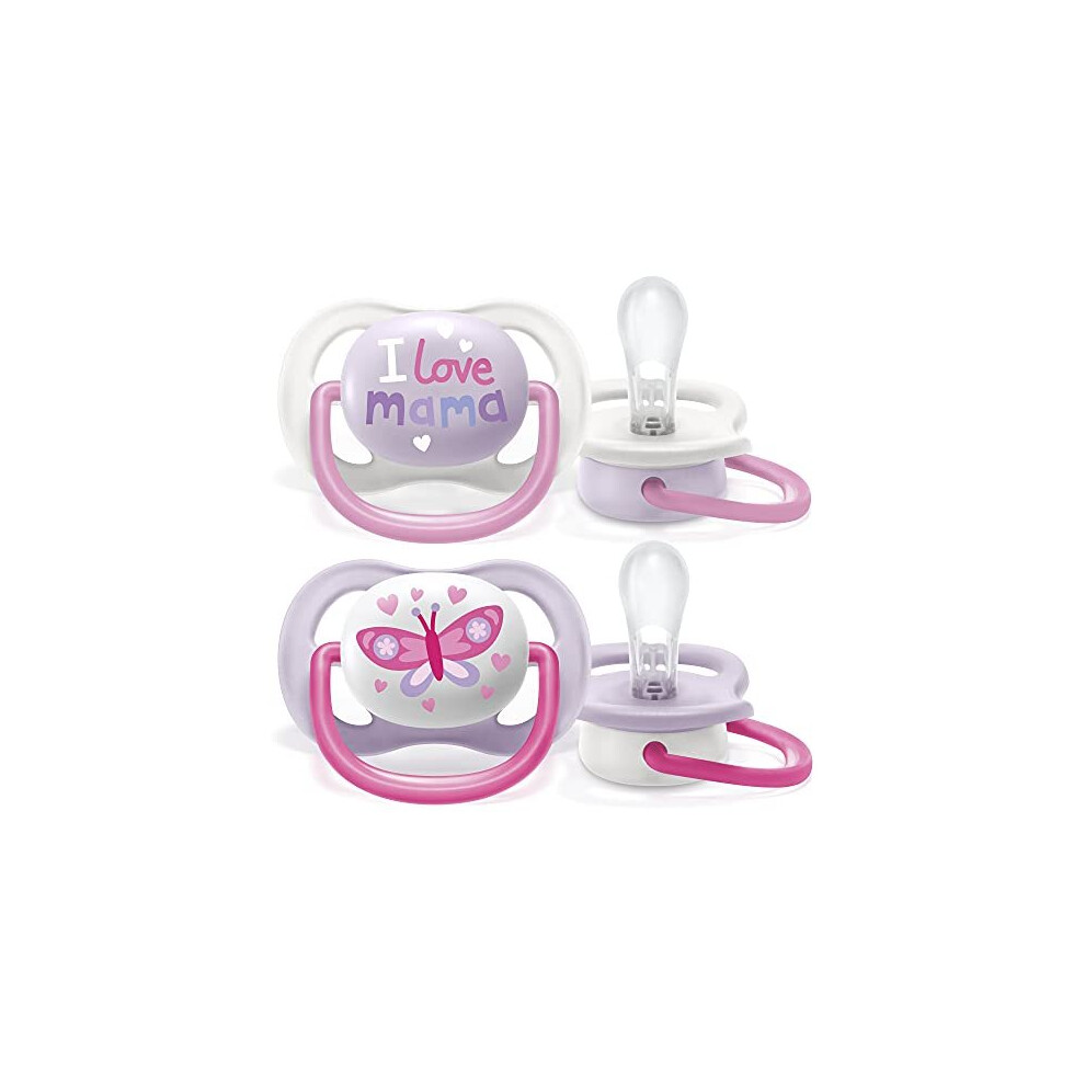 Philips Avent Ultra Air Pacifier, for 0-6m, Orthodontic & BPA-, 2 pcs, Including Sterilizer/Carrying Case, SCF080/02, Pink and Purple