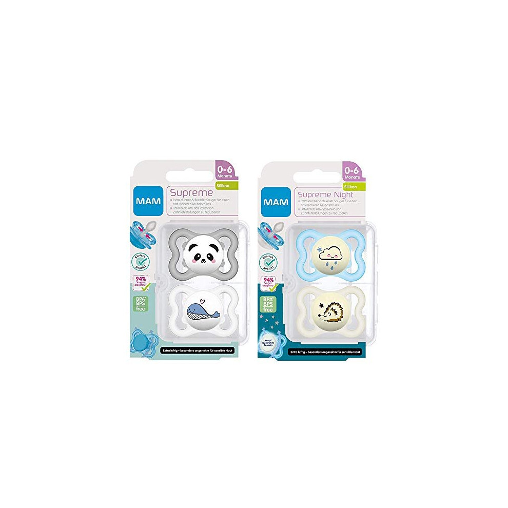 MAM Dental Dummy Supreme 0-6 Months, Pack of 4, Orthodontic Soother, Thin Teat, Skin-Friendly with Extra air Flow, incl. Travel case, Unisex