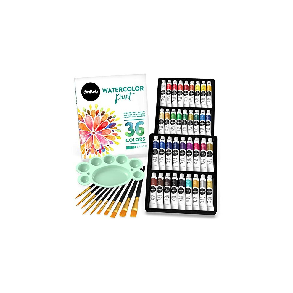 Chalkola Watercolour Paint Set for Adults, Kids, Beginner & Professional Artists - 36 Watercolour Tubes Set (12ml), 10 Painting Brushes & 1 Palet