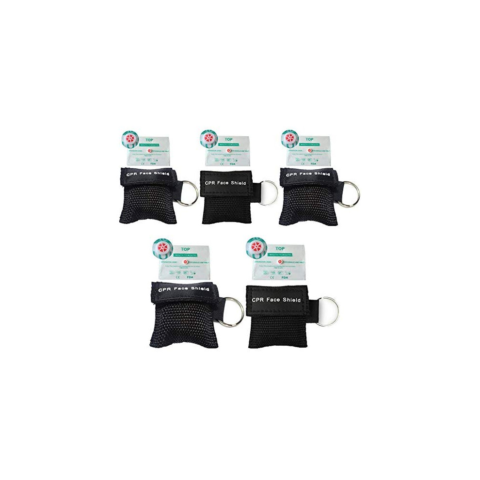 Symphonyw Cpr Face Shields, 5 Pcs Cpr Resuscitation Face Mask Keychain Ring Pouch For First Aid Cardiac Resuscitation Training (Black)