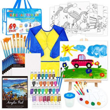 69 Pack Kids Paint Suttle Art Art Set til b?rn med 30 farver Akrylmaling Wood Easel Canvas Maling Pad Bruses Palette og Smock Komplet malingss?t