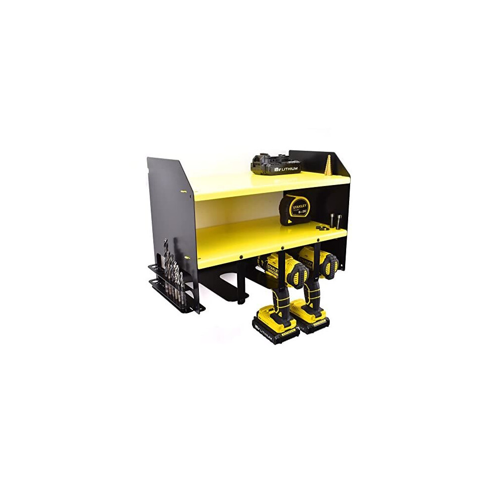 Yellow And Black Dewalt Drill Driver Battery Tool - Wall Mountable Shelving Storage Unit And Charging Station For 4 Power Tools - Tidy Shelf Cabi 727264260505