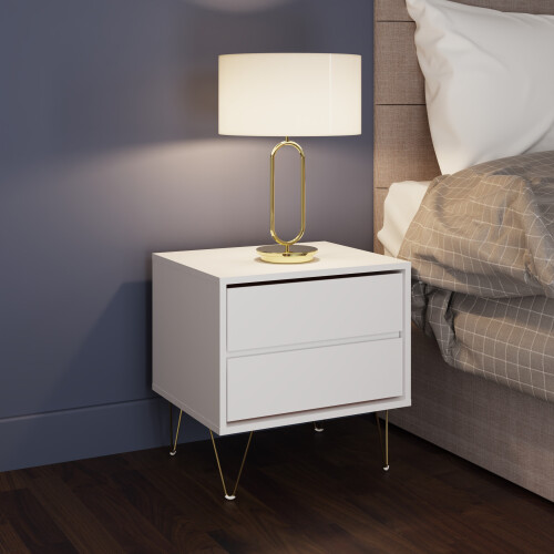 Timber Art Design UK Monaco White 2-Drawer Bedside Table (TAD532) - Modern White Finish, Handleless Front, Gold Legs, Self Assembly 1