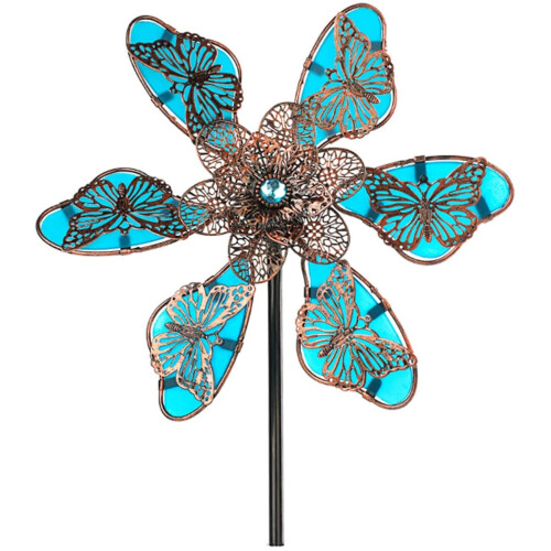 (Bule) 35.4in Luminous Metal Butterfly Wind Spinner Rotating Windmill Sculptures Yard Stake Pinwheels for Garden
