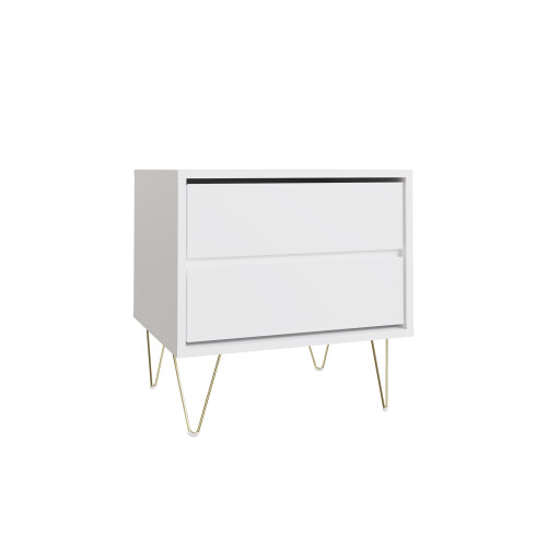 Timber Art Design UK Monaco White 2-Drawer Bedside Table (TAD532) - Modern White Finish, Handleless Front, Gold Legs, Self Assembly