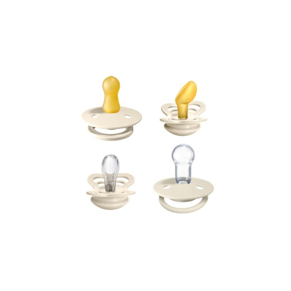 Bibs Try-It Soother 4-Pack. Bpa Free, Round, Symmetrical And Orthodontic Nipple. Natural Rubber / Silicone, Size 1 (0-6 Months), Ivory