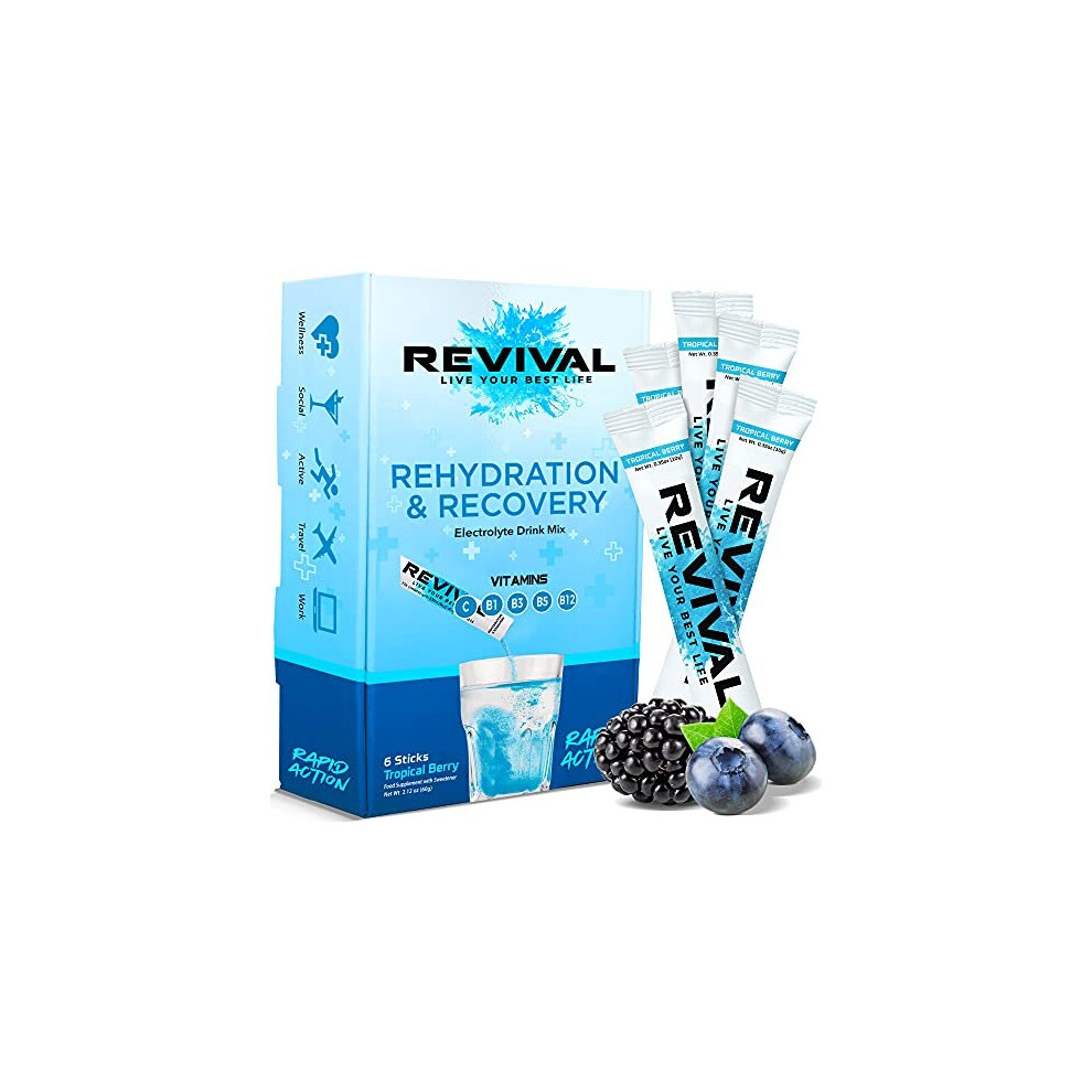 Revival Shots Revival Rapid Rehydration, Electrolytes Powder - High Strength Vitamin C, B1, B3, B5, B12 Supplement Sachet Drink, Effervescent Electrolyte Hydra