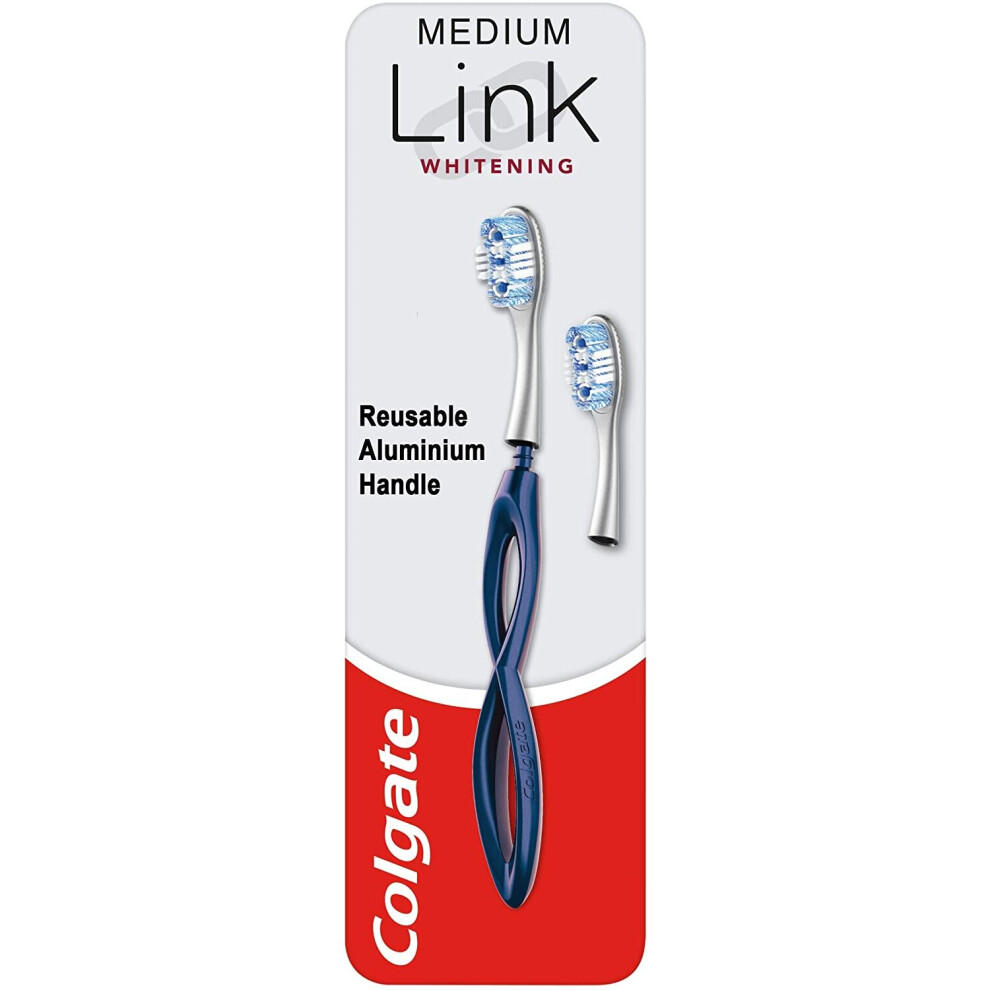 Colgate Link Manual Toothbrush Whitening Starter Kit Including 1 Premium Aluminium Handle & 2 Whitening Replacement Brush Heads Medium, Navy, Stain