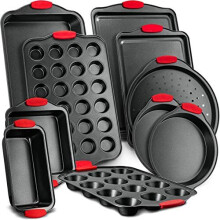 NutriChef NCSBS10S 10-Piece Carbon Steel Nonstick Bakeware Baking Tray Set w/Heat Red Silicone Handles, Oven Safe, Iron, Cookie Sheet