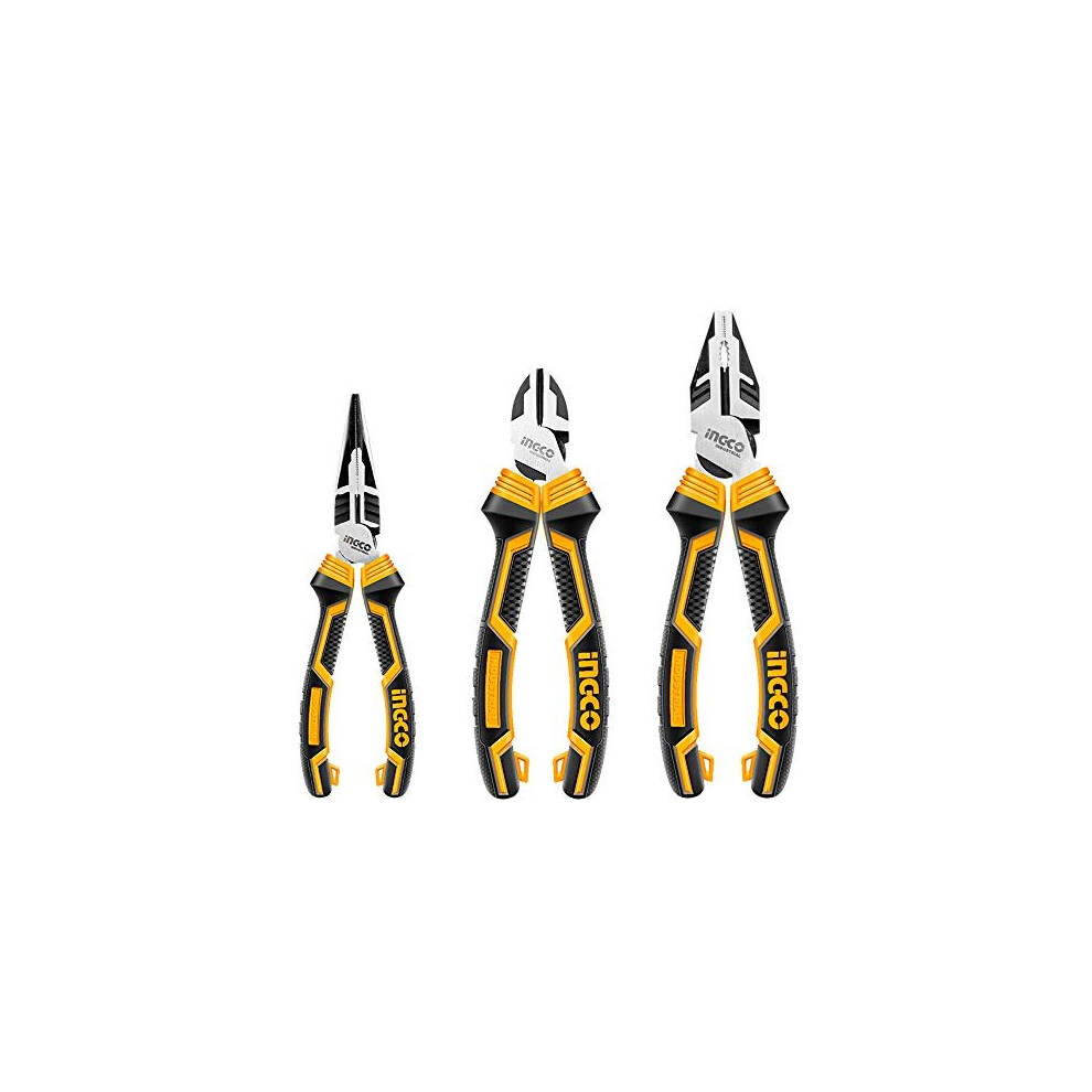 Ingco 3 Pcs High Leverage Pliers Set, 8" Combination Pliers And 7" Diagonal Cutting Pliers And 6" Long Nose Pliers Hkhlps2831