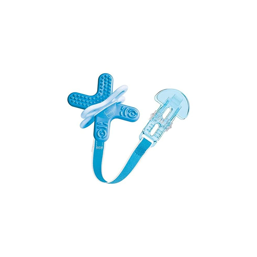 MAM Bite and Relax Teether (4+ months) with Clip, Teething Toy Promotes Dental Hygiene and Cleanliness, Baby Teether Soothes Painful Gums, Blue