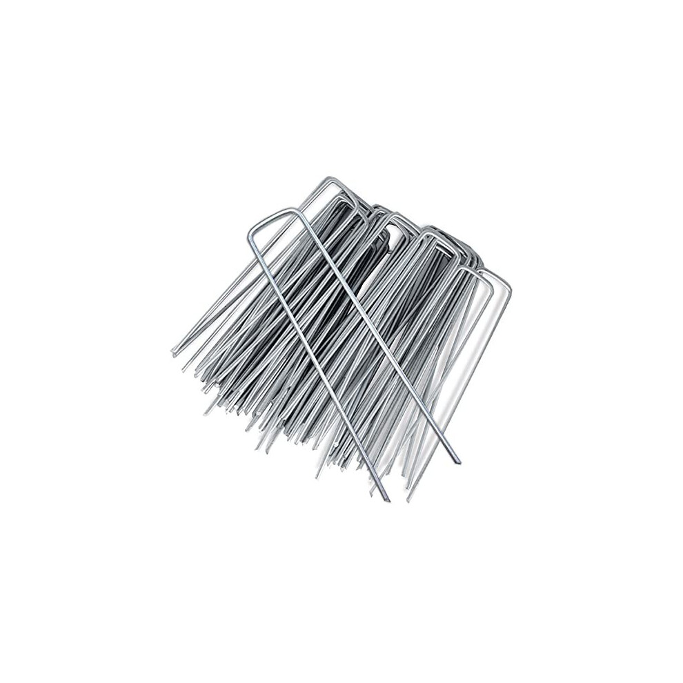 KEPLIN 100 Pack  Garden Pegs Stakes Staples Securing Lawn - Galvanised U Shaped Nail Pins
