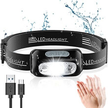 Babacom Head Torch, Rechargeable Super Bright LED Headlamp - 250 Lumens, Motion Sensor, IPX6 Waterproof, 5 Lighting Modes, Adjustable Angle & Str