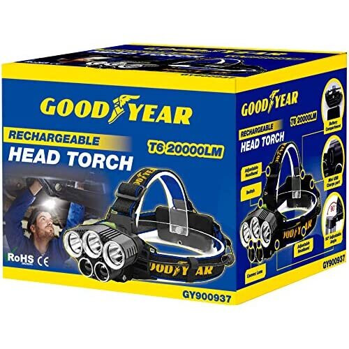 Goodyear Head Light Torch Lamp Headlamp LED Rechargeable Flashlight 20000LM for Camping Car Repair Cycling