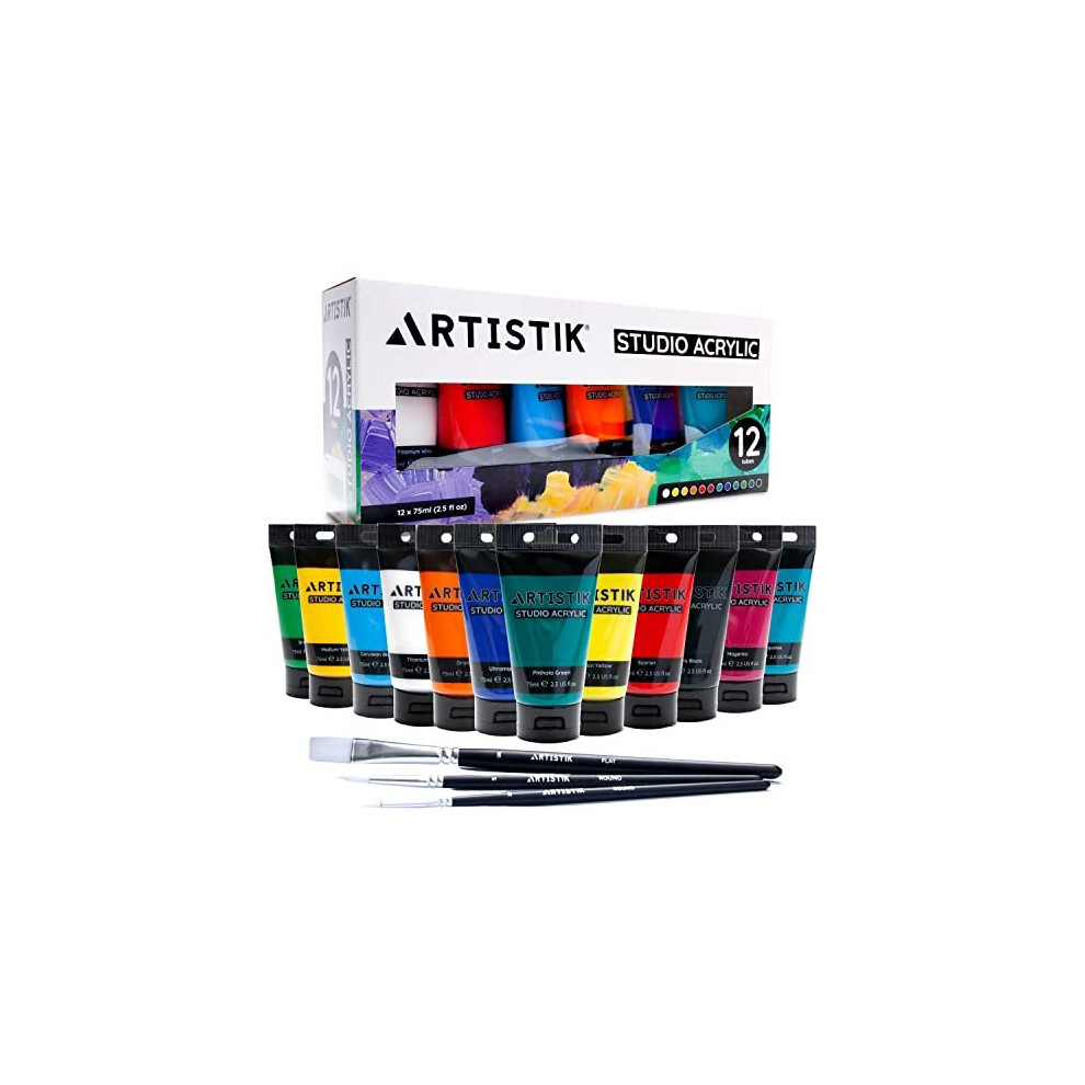 Studio Acrylic Paints - 12 x 75ml Acrylic Paint Tube Set with 3 Brushes - Premium Student Quality Highly-Pigmented Colours Non-Toxic for Canvas,