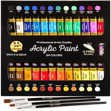 Acrylic Paints Set 24 Colour Paint Kit with 3 Paint Brushes for School Supplies,Crafts Paints, Paper,Canvas, Rock Painting, Wood,Ceramic & Fabric