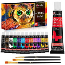 Acrylic Paint Set of 12 with 3 Paint Brushes & (12ml) Tubes | Highly-Pigmented Fabric Paint | Ideal for Canvas, Wood, Ceramic, Glass & Rock Paint