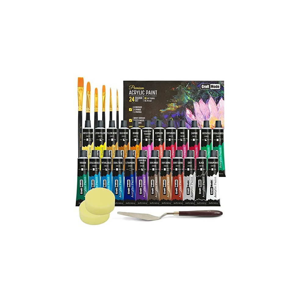 Acrylic paint Set 24 X 22ml Perfect for Canvas, Wood, Ceramic, Rock, Fabric & Crafts. Non-Toxic, Quick Dry & Vibrant Colours. Rich Pigments, Last