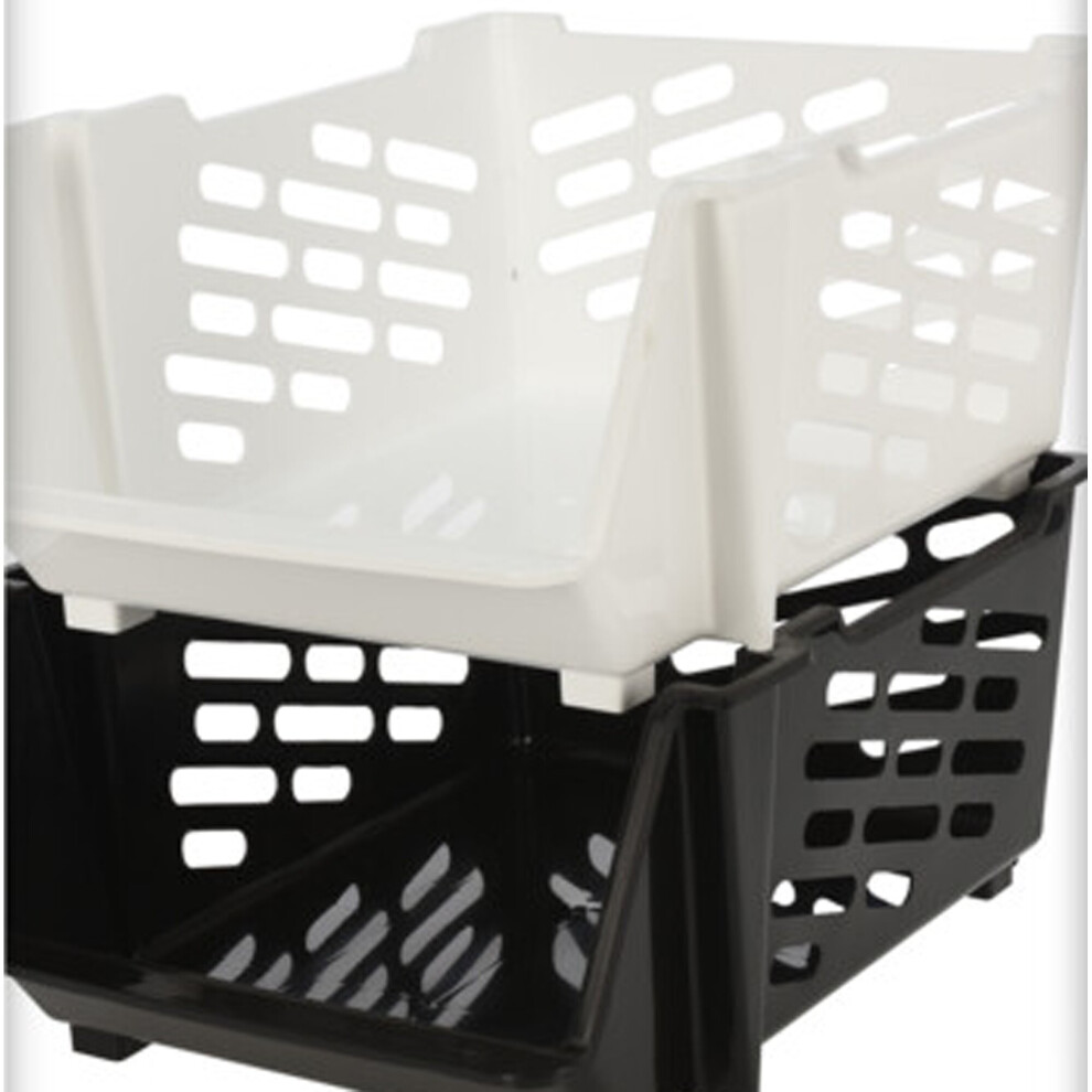 (44x33.5x20cm Large, 1 White, 1 Black) Plastic Stackable Home Storage Baskets Rack Bins