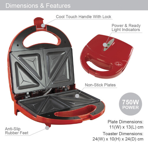Quest Quest 750W 2 Slice Non Stick Sandwich Toastie Maker | Red 2