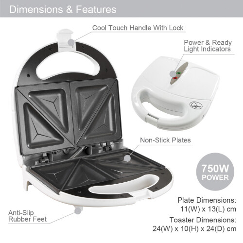 Quest Quest 750W 2 Slice Non Stick Sandwich Toastie Maker | White 2