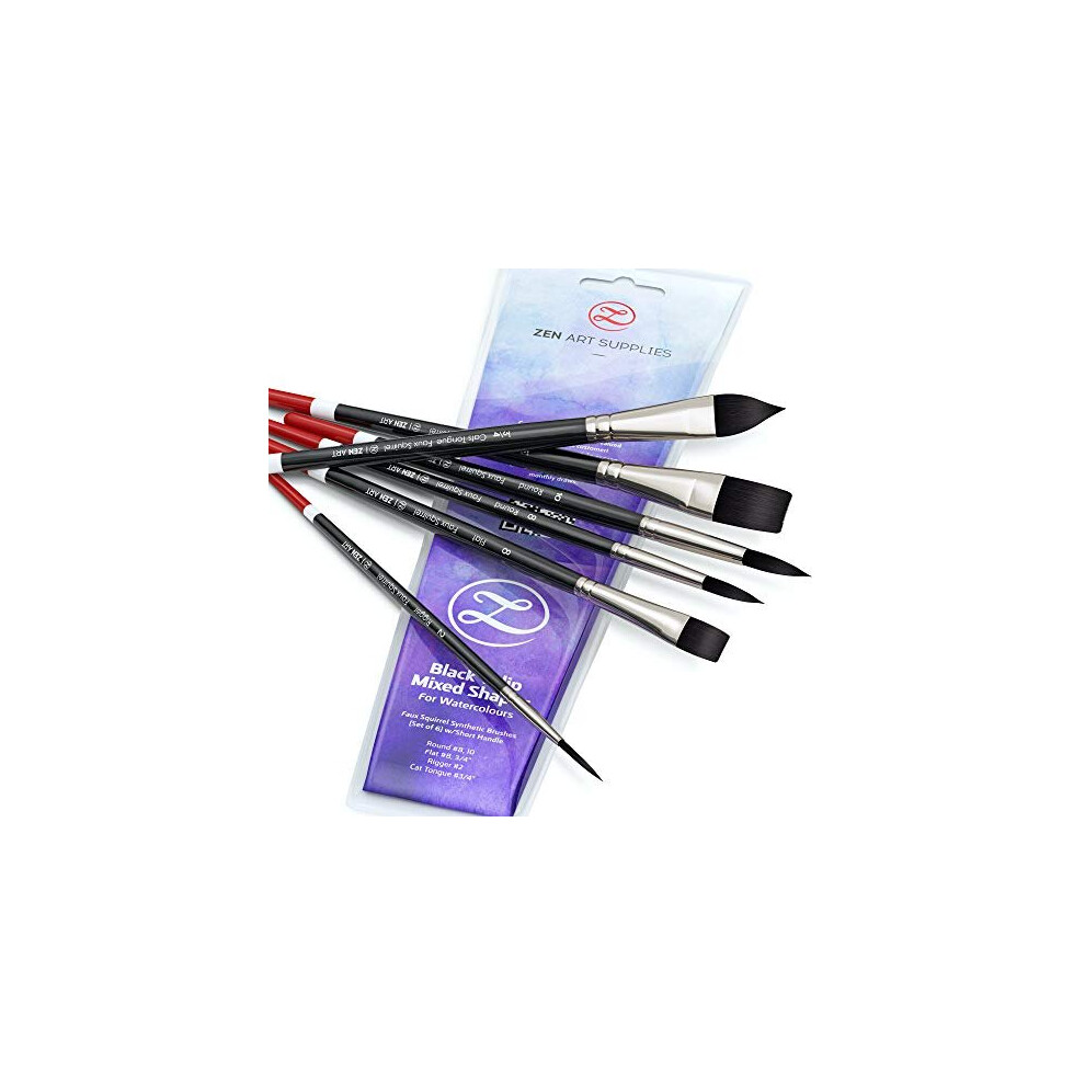 Professional Watercolour Brushes Synthetic Set - 6 Faux Squirrel Watercolour Paint Brushes for Gouache, Acrylic, Ink and Wet Media. Beginner-Frie