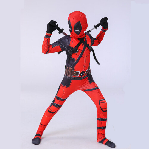 (Cloth+Backpack + Dual Swords , 8-9 Years) Kids Boys Deadpool Halloween Party Cosplay Costume Fancy Dress (No Swords)