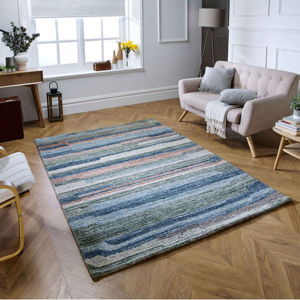 (Grey / Blue - Multi, 120x170 cm) 100% Wool Rug Handmade Eco Friendly Rugs Stripe Line Linear Natural Grey Blue Carpet Mat Living Room Bedroom Small XL Large Rug ORIENTAL WEAVERS