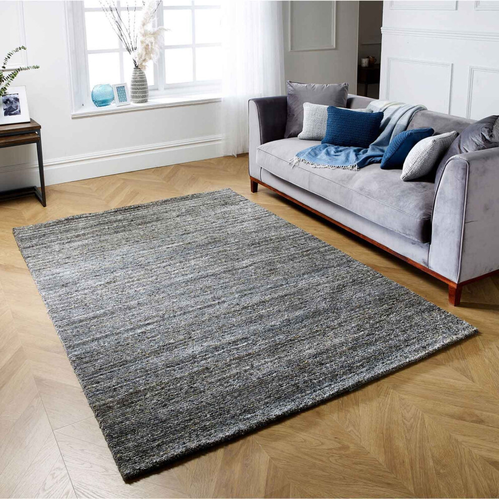(Dark Grey, 160x230 cm) 100% Wool Rug Handmade Eco Friendly Rugs Stripe Line Linear Natural Grey Blue Carpet Mat Living Room Bedroom Small XL Large Rug ORIENTAL WEAVERS