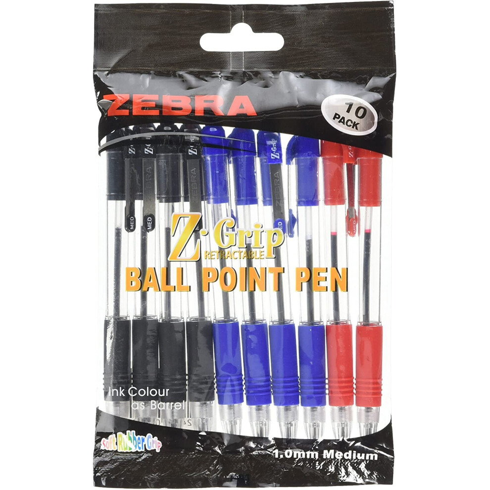 Zebra Pen Z-Grip Ball Pen 10 Pack - Assorted & Red/Black/Blue