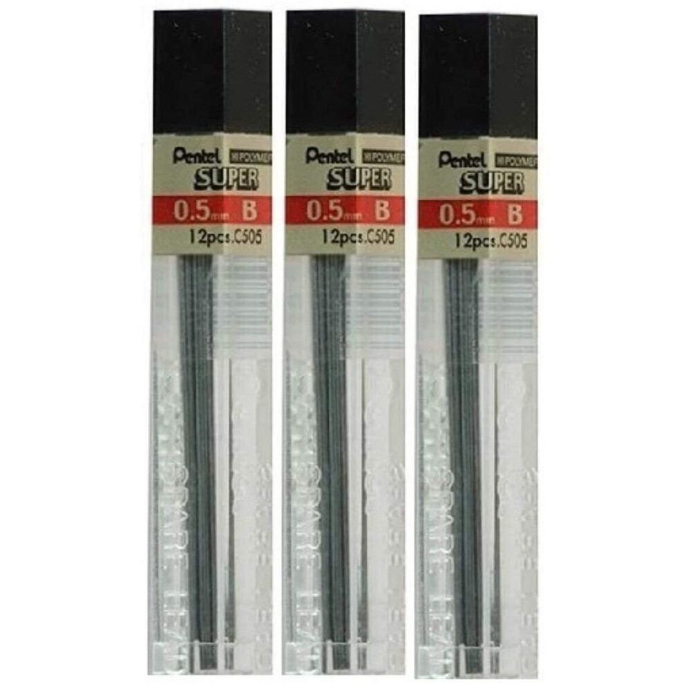 Pentel 0.5mm Size B Shade Hardness Pencil Refill Replacement Spare Leads Hi Pollymer Super For Automatic & Mechanical Pencils (Pack Of 3 Tubes - 36