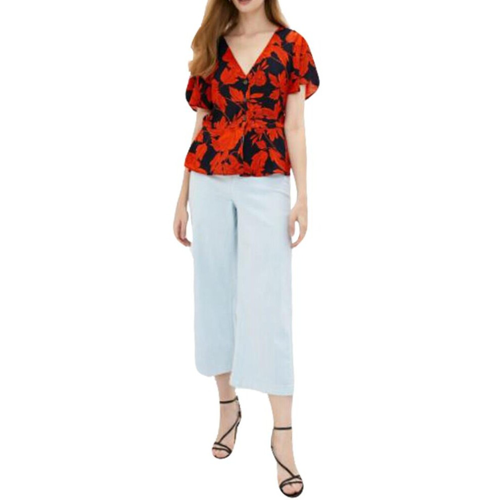 (Orange, XS) Womens Shirt Floral Print Short Sleeve Blouse