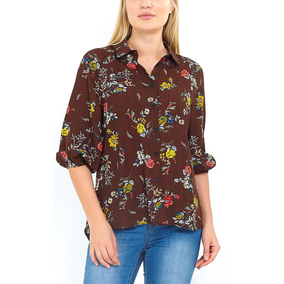 (Brown, M) Womens Shirt Floral Print Short Sleeve Blouse