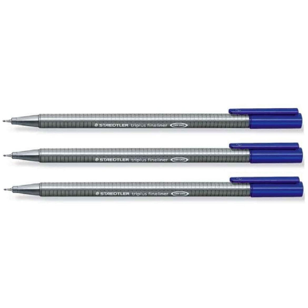 Staedtler Blue 0.3mm Triplus Fineliner Fine Line Pens Superfine Dry Safe & Washes Out Of Most Textiles (Pack of 3)