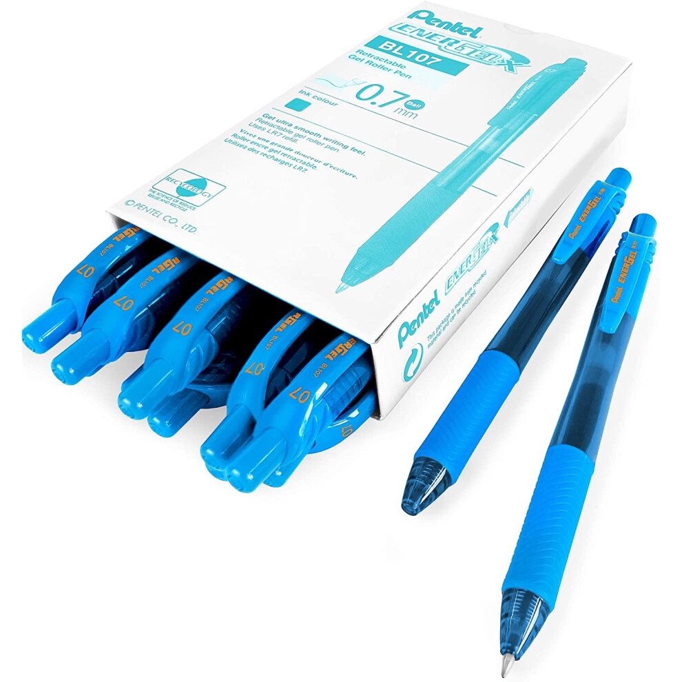 Pentel Energel X BL107 Retractable Gel Rollerball Pens - 0.7mm - Sky Blue Ink - Pack of 12