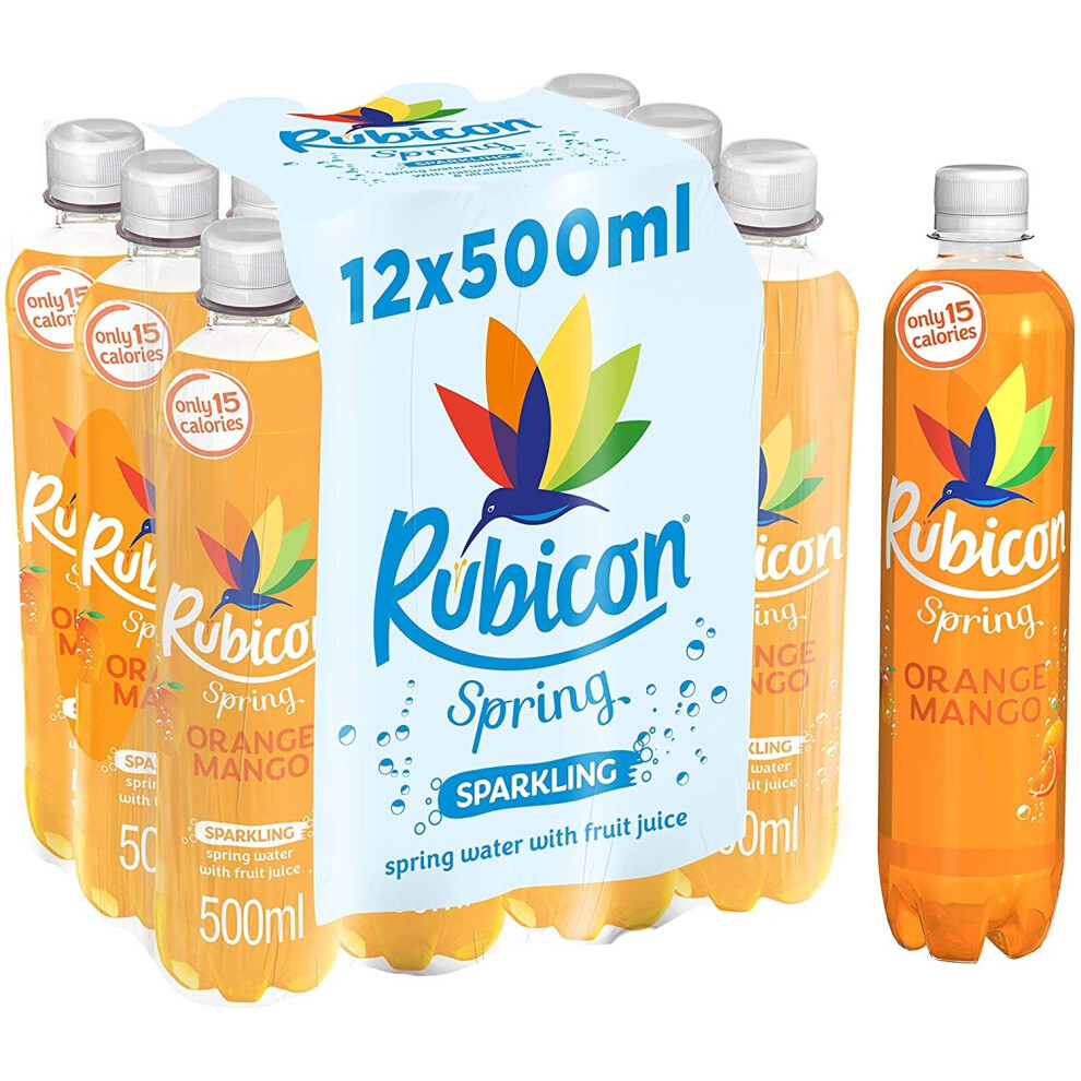 RUBICON Spring Orange Mango | 12 x 500ml Bottles | Flavoured Sparkling Spring Water, 15 Calories or Less per bottle | Make the Unboring Choice