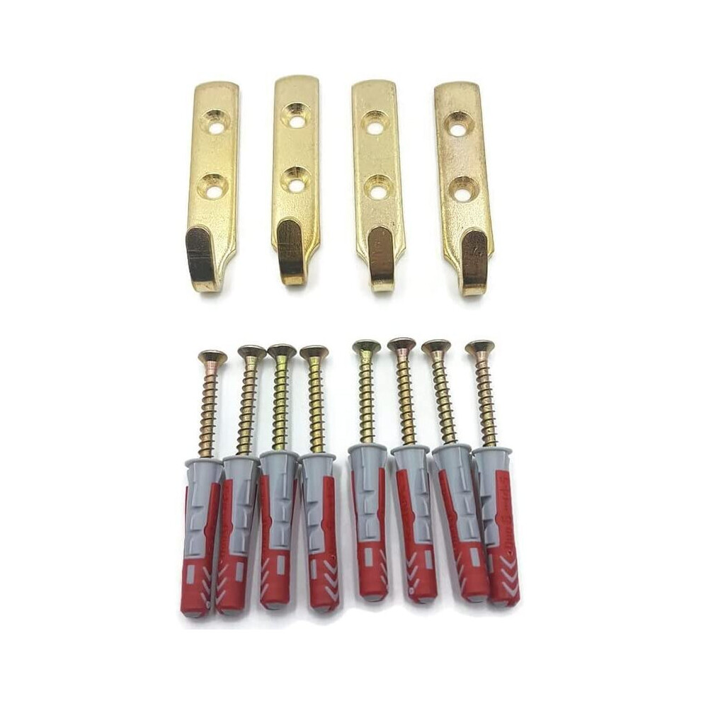 4 x Heavy Duty Brass J Wall Hooks Large Picture/Mirror - Plaster or Solid Walls - Including Screws & Wall Plugs - Hang up to 35kg