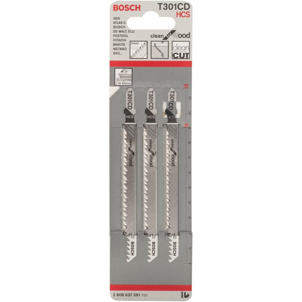 Bosch 2608637591 Clean Wood Jigsaw Blade, 1 Lug, Blue, Pack of 3