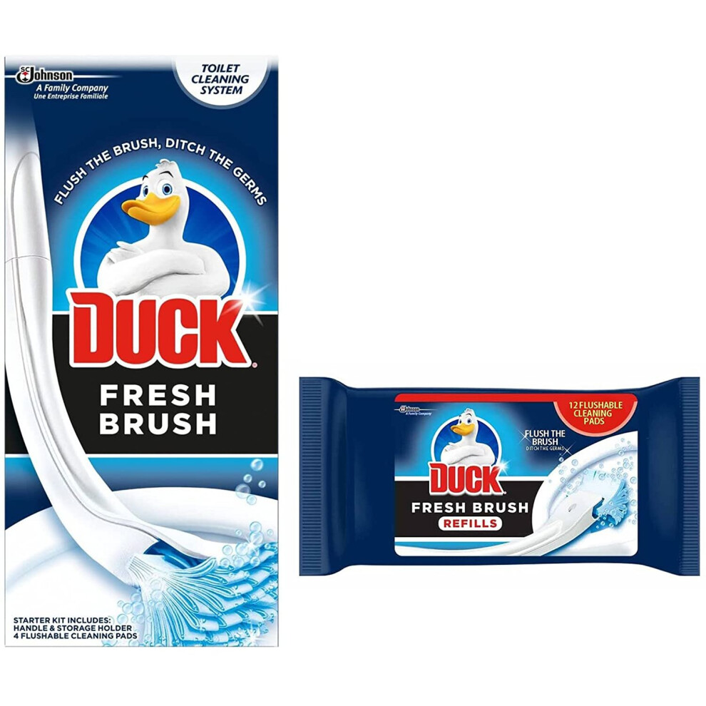 Toilet Duck Fresh Brush with Holder-Toilet Bowl Cleaner Starter Kit- with Duck Fresh Brush Refill (12 Flushable Cleaning Pads)