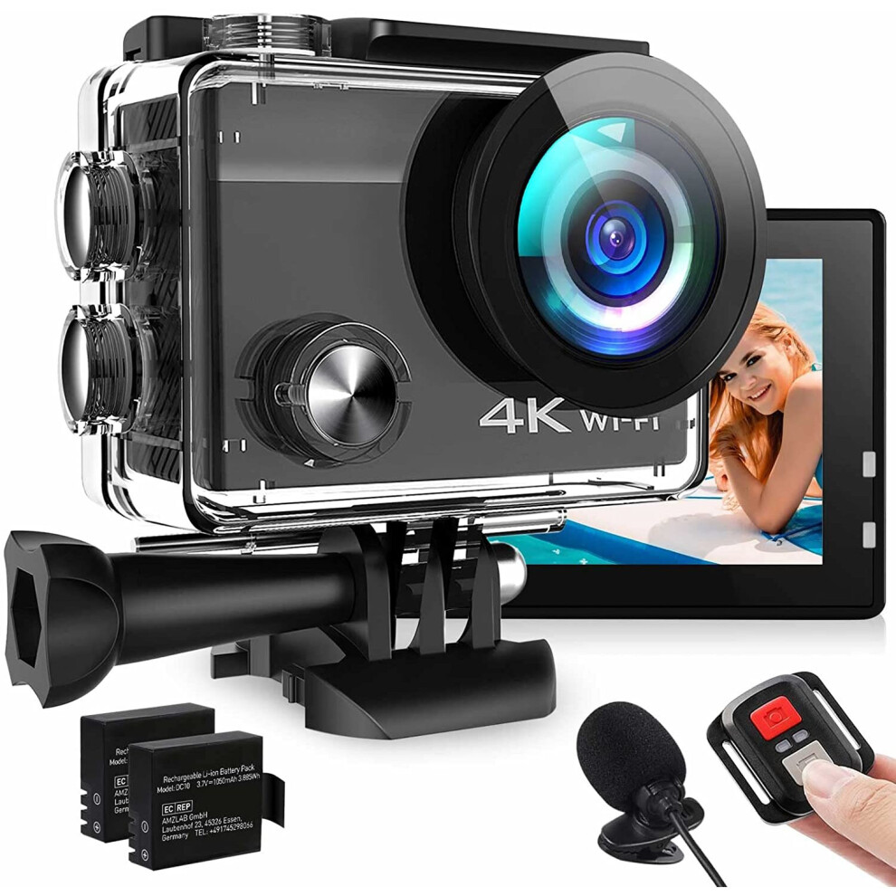 4K Action Camera, 20MP EIS Anti-shake Underwater Sports Camera with Ultra HD 170Wide-Angle 2.4G Remote Control 2x1050mAh...