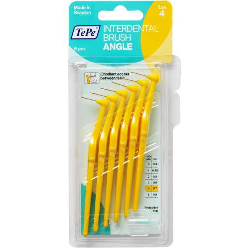 Tepe TePe Angle Yellow Interdental Brushes (0.7mm - Size 4) / Easy and simple interspace cleaning with long handle and angled neck / 1 x 6 brushes