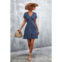 (Blue Floral, M) Women's Floral Dress V-Neck Summer Short Sleeve
